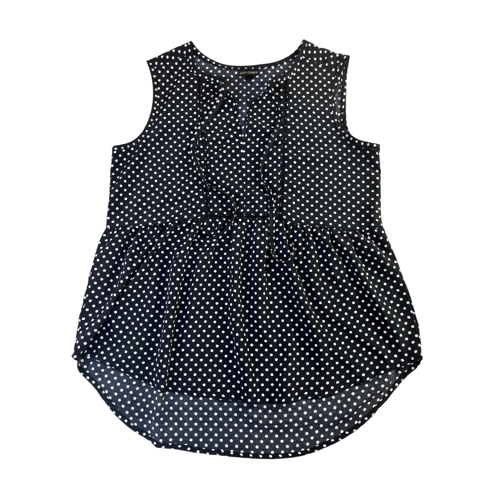 Coco Carmen Sleeveless Polka Dot High Low Babydoll Blouse Black White L/XL